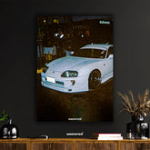 JDM Supra poster by Dripster featuring a white Toyota Supra car at night with McDonalds signs in the background